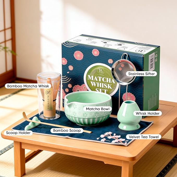 Matcha Whisk Set, Ceramic Matcha Set with Bowl, Bamboo Whisk, Scoop, Strainer, Scoop Rest, Holder, Cloth + Instruction Handbook – Traditional Japanese Tea Ceremony Kit