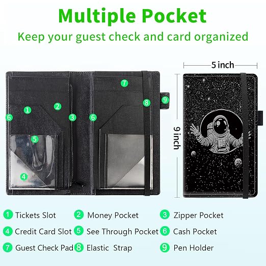 Server Books for Waitress, 5x9 Inch Waitstaff Server Order Pads, 11 Large Pockets, Cute PU Leather Waitress Book Server Wallet with Elastic Band Fit Server Apron,Astronaut in Space - Image 3