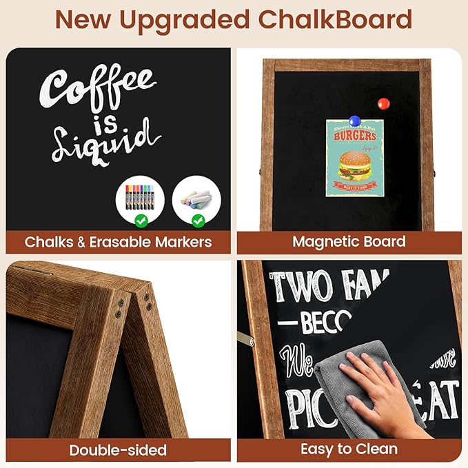 Chezerra A Frame Chalkboard Sign, 40"x20" Extra Large Sidewalk Chalk Board, Wooden Standing ChalkBoards Set with Markers, Double-Sided Magnetic Blackboard for Cafés, Weddings, Party Guide, Brown