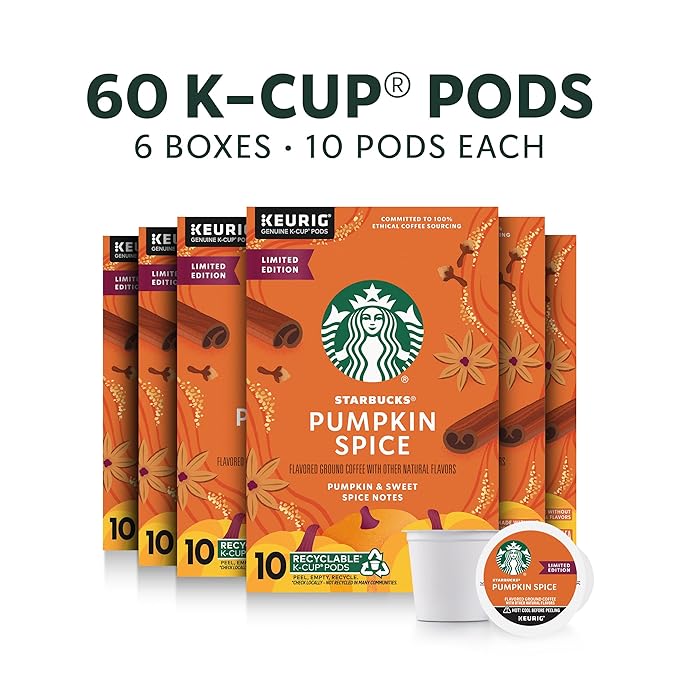 Starbucks K-Cup Coffee Pods, Pumpkin Spice Naturally Flavored Coffee for Keurig Brewers, 100% Arabica, Limited Edition, 6 Boxes (60 Pods Total)