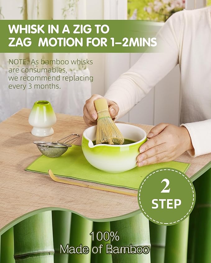 ZENS Matcha Whisk Set, 6pcs Matcha Kit Includes Ceramic Bowl, Handcrafted Bamboo Whisk and Chasen Holder, Scoop, 304 Sifter & Tea Mat，Matcha Set for Tea Ceremony,Latte Making, Green