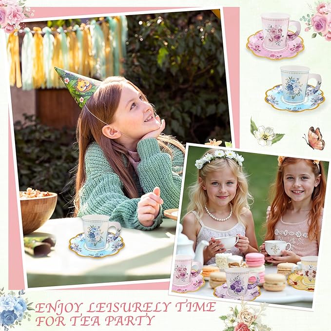 24 Sets Disposable Paper Tea Cups 7 OZ Floral Tea Party Cups with Handle and Plates Teacups and Saucer Sets for Mother's Day Baby Bridal Shower Birthday(Watercolor Style)