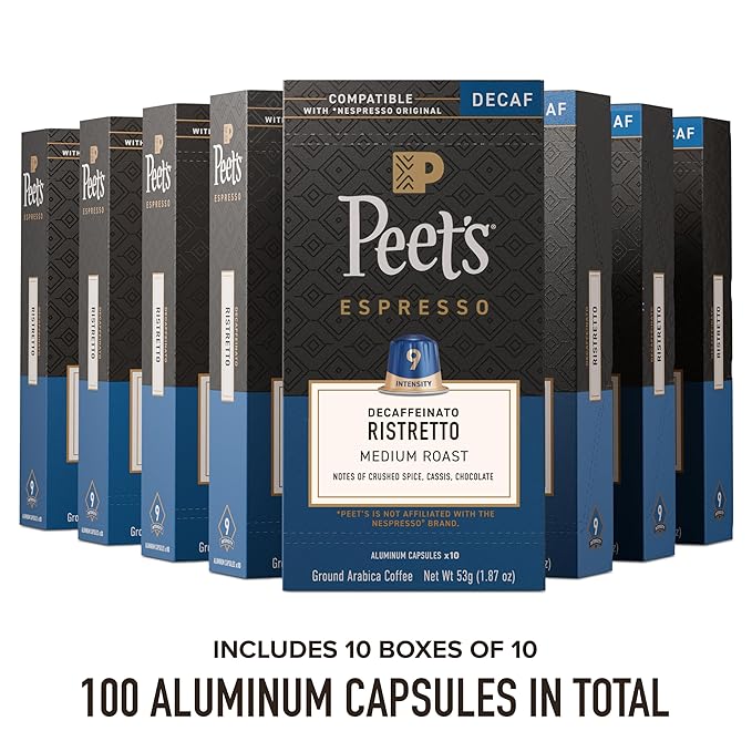 Peet's Coffee, Medium Roast Decaf Espresso Capsules, Compatible with Nespresso Original Machine, Decaffeinated Arabica Coffee - Decaf Ristretto Intensity 10, 100 CT (10 Boxes of 10 Espresso Capsules)