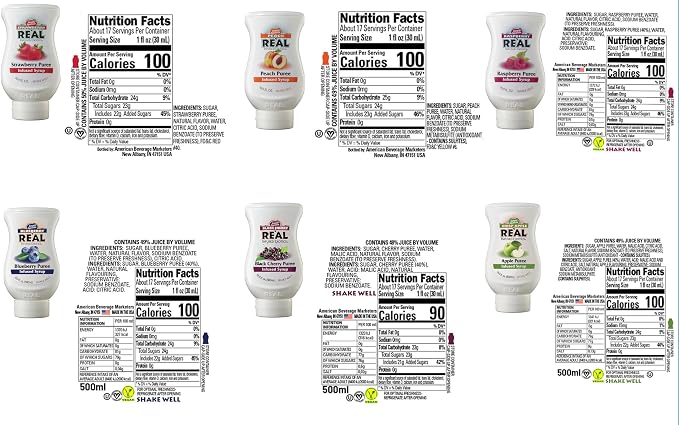 Reàl Fruit Infused Flavoring Syrup Variety - Strawberry, Raspberry, Peach, Blueberry, Black Cherry, Crisp Apple (Pack of 6, 16.9 FL OZ Bottles) - Image 2