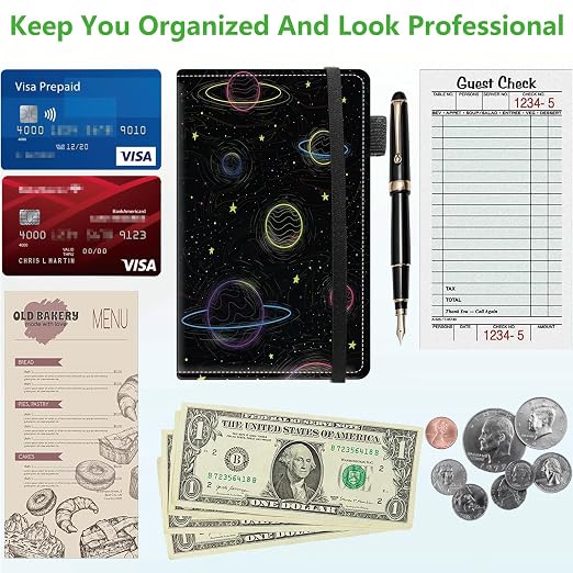 Server Books for Waitress, 5x9 Inch Waitstaff Server Order Pads, 11 Large Pockets, Cute PU Leather Waitress Book Server Wallet with Elastic Band Fit Server Apron,Cartoon Planets - Image 5