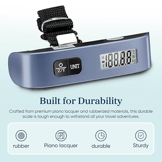 Etekcity Luggage Scale, Travel Essentials, Digital Suitcase Weight Scales for Travel Accessories, Hanging Baggage Scale with Temperature Sensor, Rubber Paint, 110 Pounds, Battery Included, Blue
