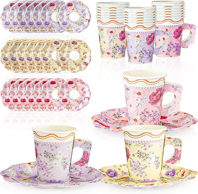 24 Sets Floral Paper Tea Cups and Saucers 8.5 oz Vintage Floral Afternoon Disposable Cups with Handles and Plates Tea Party Decorations for Wedding Garden Mother's Day Hot Cold Drink Birthday