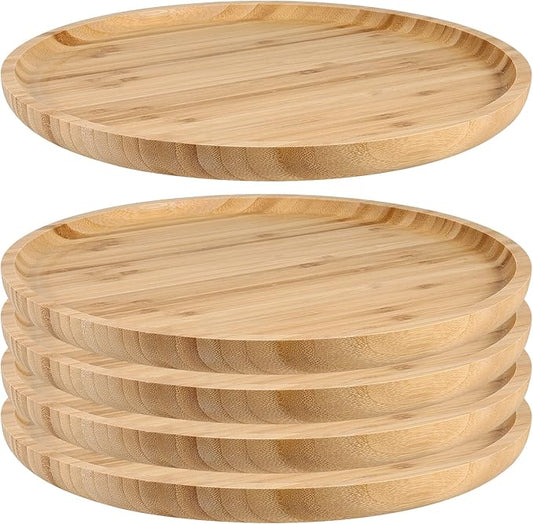 JOIKIT 5 Pack 8 Inch 20cm Bamboo Round Platter, Fine Polished Round Wood Plates Bamboo Serving Tray for Holding Fruit, Bread, Cheese, Nut, Coffee, Tea, Plant Saucer