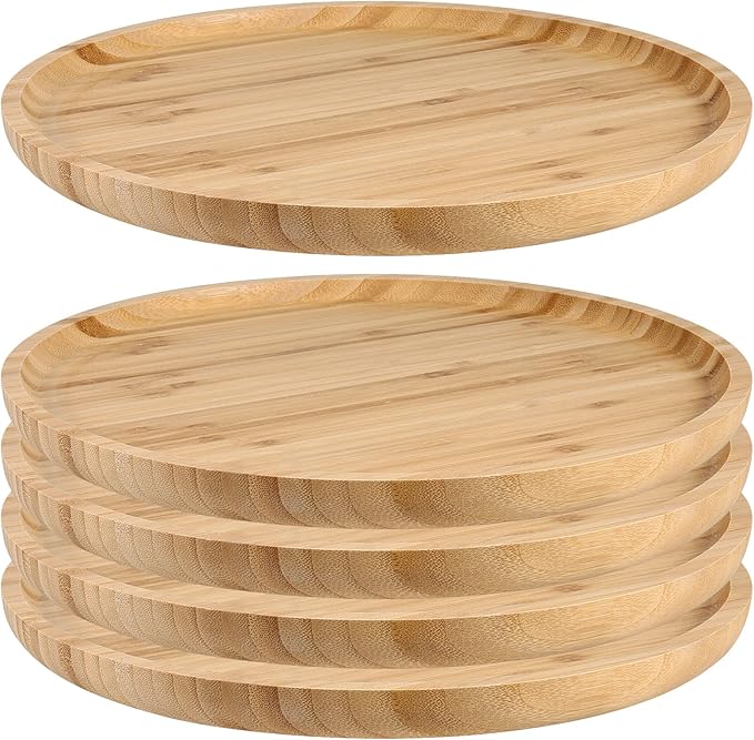 JOIKIT 5 Pack 10 Inch Bamboo Round Platter, 25cm Fine Polished Round Wood Plates Bamboo Serving Tray for Holding Fruit, Bread, Cheese, Nut, Coffee, Tea, Plant Saucer