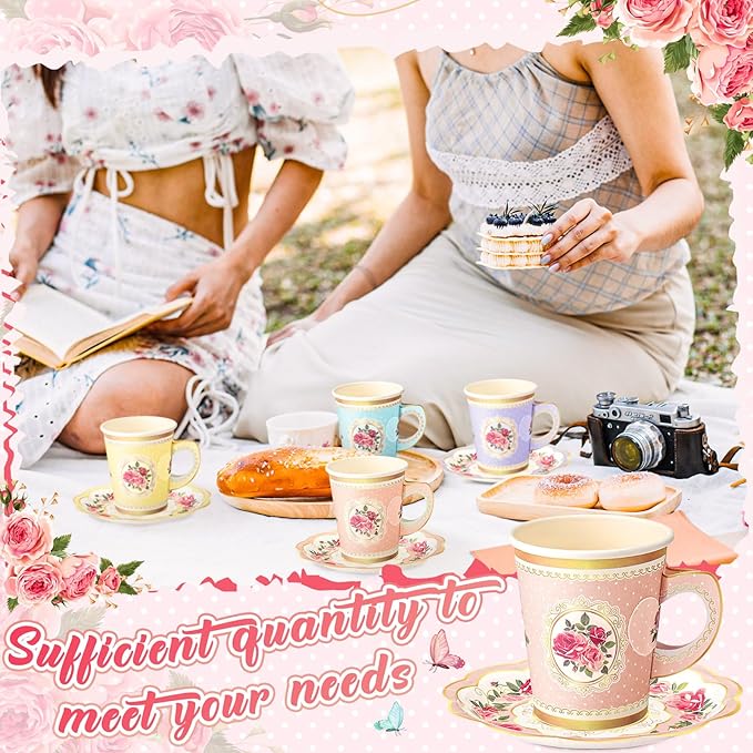Tioncy 100 Pcs Tea Party Decorations Include 50 Pieces 9 oz Paper Tea Cups with Handle and 50 Plates Disposable Teacups and Saucers Sets for Birthday Baby Shower(5 Colors)