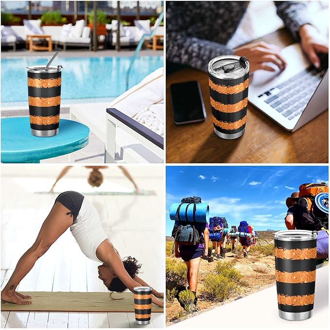 Halloween Tumbler Glitter Stripes Orange Black Insulated Coffee Cup Back to School Beverage Container Office Travel Mug with Straw and Lid 20oz Holiday Gift Day of The Dead Present