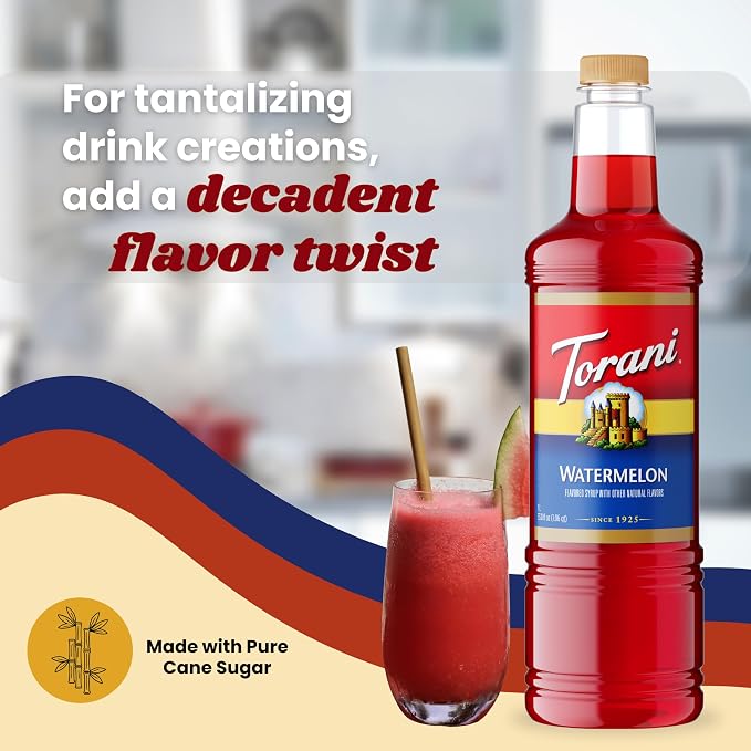 Torani Watermelon Syrup 1 Liter with Pump – Juicy Summer Flavoring for Drinks, Cocktails & Mocktails – Pure Cane Sugar, Natural Flavors, BPA-Free Bottle – Refreshing Beverage Syrup - Image 6