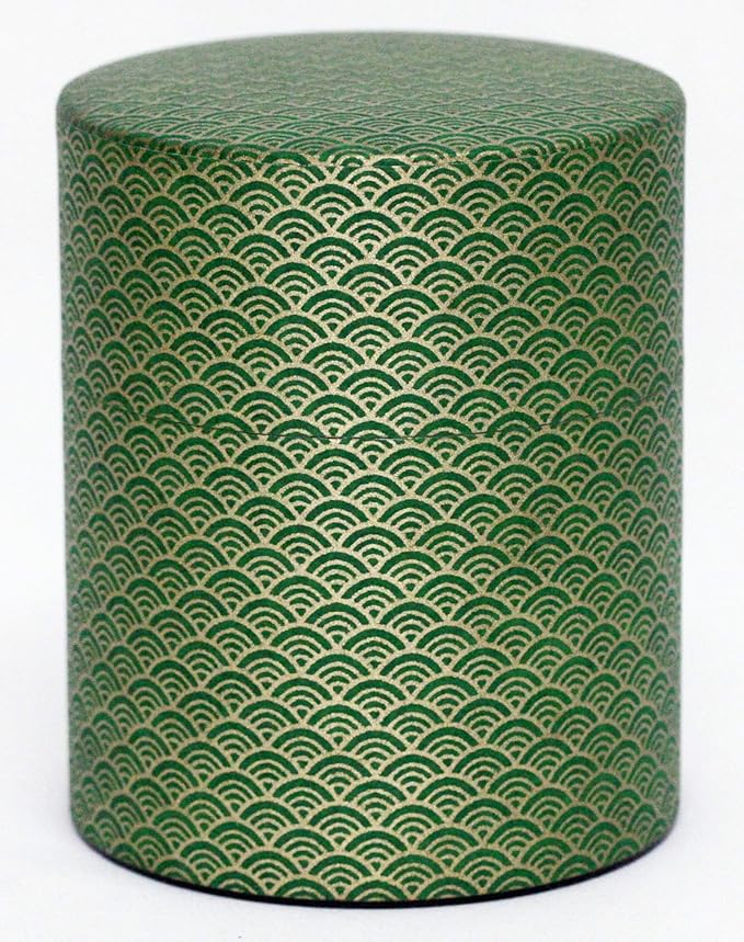 Washi Paper Tea Tin Canister: Wide 7oz (200g) Jade waves with gold outlines (#92), Japan