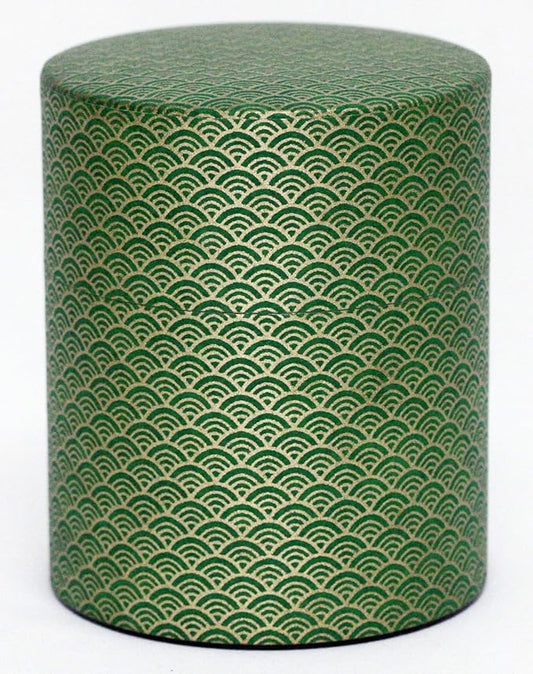 Washi Paper Tea Tin Canister: Wide 7oz (200g) Jade waves with gold outlines (#92), Japan