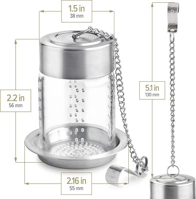 Teabloom Elegant Glass Tea Infuser – Patent-Pending, Lead-Free & Non-Toxic, Designed for Whole Loose-Leaf White, Green, Oolong, Black & Herbal Teas – Small or Large