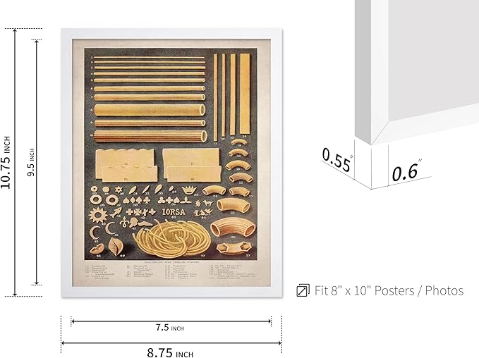 Poster Master Vintage Food & Drink Poster - Retro Pasta Print - Varieties of Pasta Art - Gift for Him, Her, Chef, Cook - Great Decor for Restaurant, Kitchen, Dining Room, 8x10 White Framed