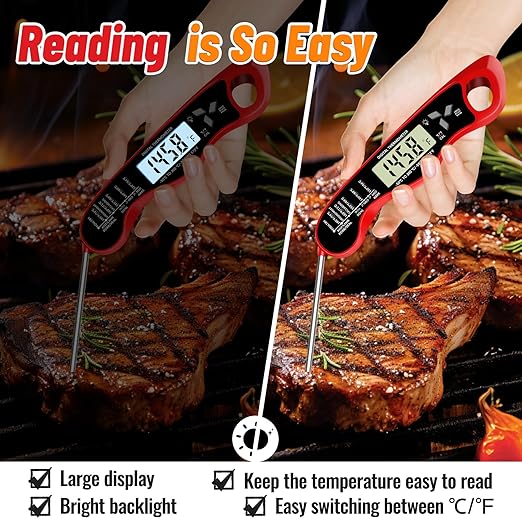Meat Thermometer, IP67 Waterproof Digital Meat Thermometer with Backlight, Hold Function & Magnet for Grill, BBQ, Candy, Beef,Turkey