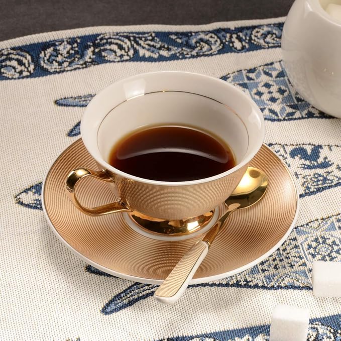 Bone China Golden Stripe Tea Cup with Saucer Spoon Set (7oz) - Cappuccino, Coffee, Tea Cup Set - British, Porcelain - Latte - Mother's Day Gift