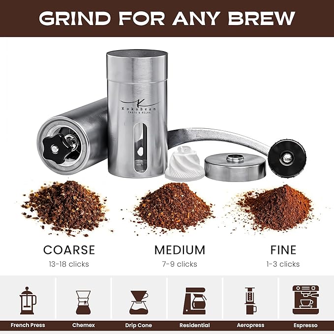 Manual Coffee Grinder - 18 Adjustable Settings, Stainless Steel Conical Burr Coffee Bean Grinder, Portable, Durable & Travel Friendly - With Silicone Sleeve by KOKOBEAN