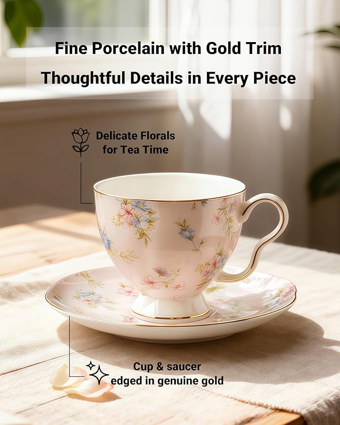 Exquisite Bone China Tea Cups and Saucer Set – Elegant Porcelain Tea Cups, Beautifully Detailed for Tea Lovers, Gift-Ready for Christmas, Hostess, Holiday Gift & Fall Decor