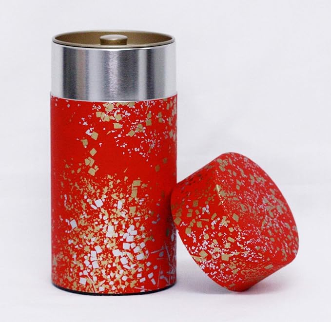 Washi Paper Tea Tin Canister: Long 7oz (200g) Gold and silver stardust in the red sky (#88), Japan