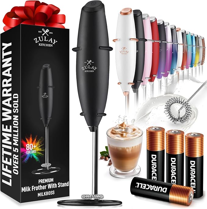 Zulay Kitchen Powerful Milk Frother Wand With 4 AA Duracell Batteries - Ultra Fast Handheld Drink Mixer - Electric Whisk Foam Maker for Coffee, Lattes, Cappuccino, Matcha & Creamer