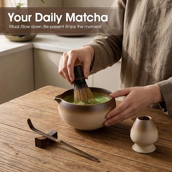 Matcha Whisk Set, 5-Piece Matcha Kit with Handmade Ceramic Bowl, 100-Prong Bamboo Whisk, Scoop, Holder & Rest – Premium Matcha Tea Set for Beginners & Tea Lovers, Gift Ready