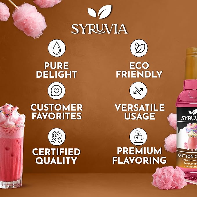 Syruvia Cotton Candy Syrup, Natural Flavors, Syrup for Drinks, Lattes, and Desserts – 25.4 fl oz