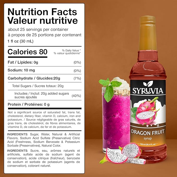 Syruvia Dragon Fruit Syrup, Flavored Syrup for Drinks, Cocktails, Lemonades, Iced Teas, and Desserts – 25.4 fl oz