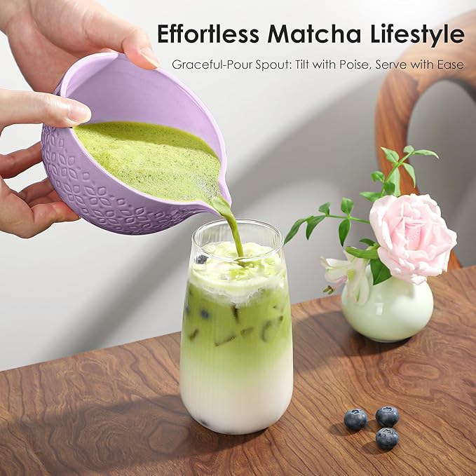 Matcha Whisk Set Matcha Kit - 7 Pcs Japanese Tea Set Includes Matcha Bowl with Spout,Bamboo Whisk with Ceramic Holder,Bamboo Scoop and Rest,Sifter,Tea Towel, for Ceremony Matcha Lovers Gift,Purple