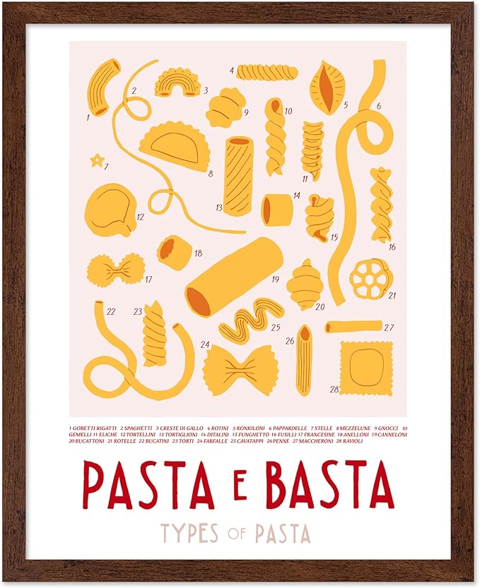 Poster Master Vintage Illustration Poster - Retro Food Print - Types of Pasta, Yellow, Spaghetti, Rotini, Penne - Gift for Artist, Chef - Wall Decor for Kitchen, Restaurant, 8x10 Brown Framed