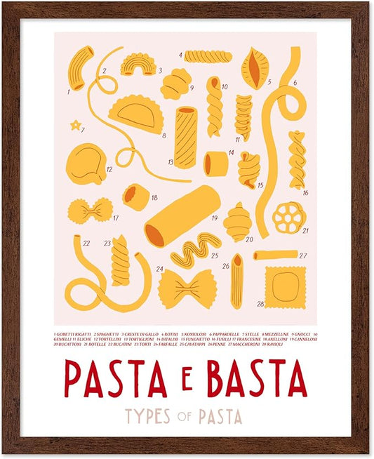 Poster Master Vintage Illustration Poster - Retro Food Print - Types of Pasta, Yellow, Spaghetti, Rotini, Penne - Gift for Artist, Chef - Wall Decor for Kitchen, Restaurant, 11x14 Brown Framed