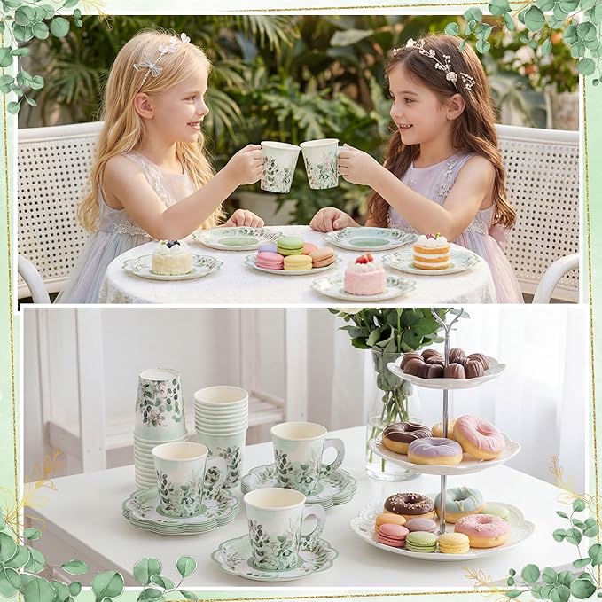 24 Sets Tea Party Cups 7 OZ Disposable Paper Tea Cups with Handle and Plates Teacups and Saucer Sets for Baby Bridal Shower Wedding Birthday(Sage Green)
