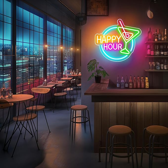 Basaneon Happy Hour Neon Sign Dimmable Led Happy Hour Neon Bar Signs for Home Bar, USB Powered Bright Cocktails Happy Hour Neon Signs for Wall Decor Bar Pub Man Cave Party Art Decor(14.1*12.5inches)