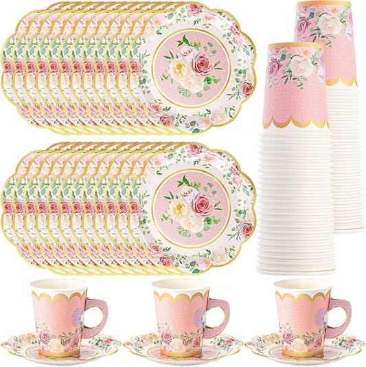 Domensi 60 Pieces Tea Party Decorations Include 30 Pcs 9 oz Paper Cups with Handle and 30 Pcs Tea Party Paper Plates Disposable Blossom Teacups and Saucers for wedding Favors(Elegant)