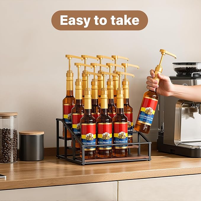 kimilus Coffee Syrup Organizer Rack, Liquor Bottle Display Shelf, 3 Tier 12 Syrup Bottles Holder Stand for Coffee Bar Kitchen Small Wine Rack for Family Storage for Syrup Wine Dressing