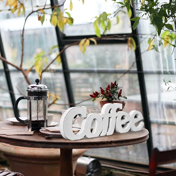 Rustic Distressed White Coffee Sign for Tabletop for 14", Wall Hanging Farmhouse Signs for Coffee Station, Wood Signs for Home Decor Kitchen Shelf Christmas