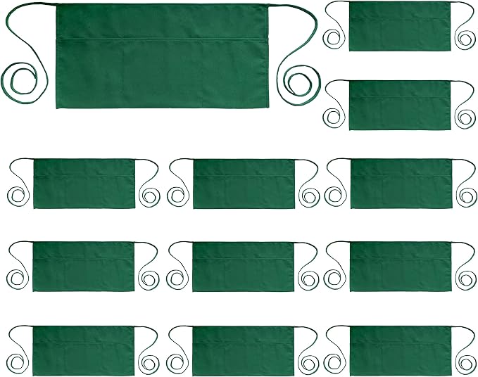 PLOYMONO 12P Green Server Apron with 3 Pockets, Short Waist Waitress Apron | Polyester Short Waiter Apron with 3 Deep Pockets, Great for Restaurant Servers, Bartenders, Hosts, Baristas by PLOYMONO