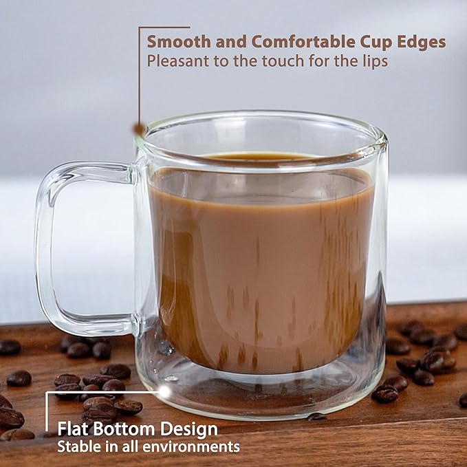 Aquach 2-Pack Double Walled Insulated 8oz Glass Coffee Mugs with Handle - Ideal for Espresso, Latte, Americano, and Cappuccino