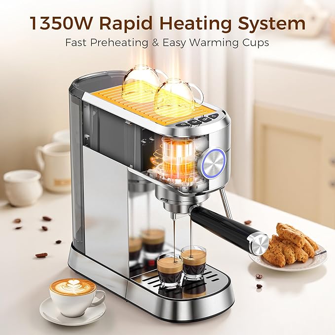 Kndko Espresso Machine, 20 Bar Espresso Maker with Milk Frother, Compact Stainless Steel Coffee Machine with 34oz Removable Water Tank for Cappuccino, Latte