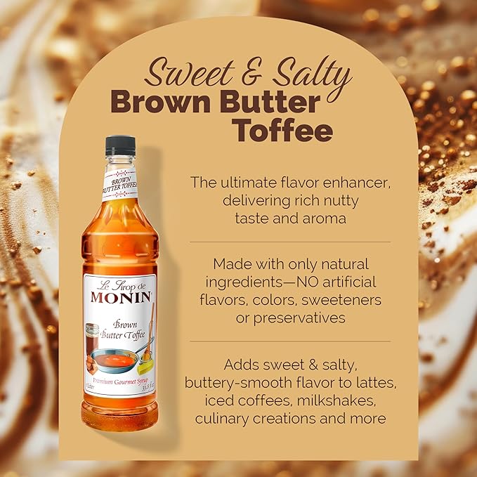 Monin - Brown Butter Toffee Syrup, Buttery-Smooth Flavor with Rich Nutty Aroma, Great for Lattes, Milkshakes, and Iced Coffees, Gluten-Free, Vegan, Non-GMO (1 Liter)