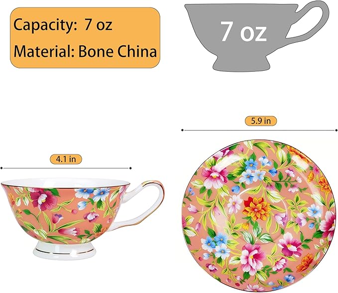 Tea cup and Saucer Set Royal Garden Style Tea Coffee Cup with Saucer 7 Ounces Bone China Teacup and saucer Set(Orange)