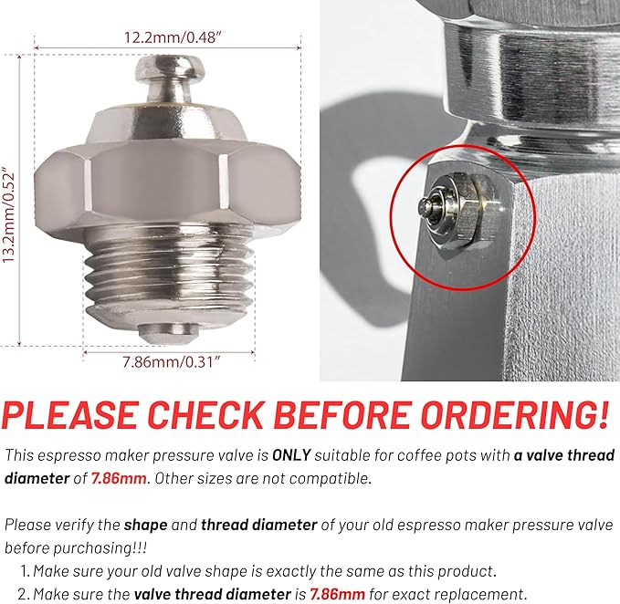 7.86mm Espresso Pot Relief Valve, Safety Valve Pressure Valve for Moka Coffee Pot, Copper Reducing Valve Replacement Spare Part for Espresso Pot Maker, Durable Metal, Easy To Use