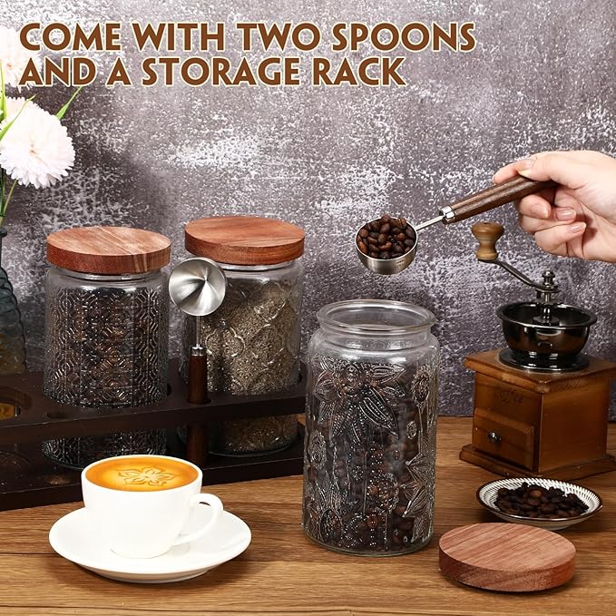 Suclain 3 Pcs Glass Coffee Bean Container 44 oz Airtight Coffee Canister with Shelf Measuring Spoon Kitchen Food Canister Jar for Sugar Candy(34 oz,Patterned Style,Wood, Glass, Stainless Steel)