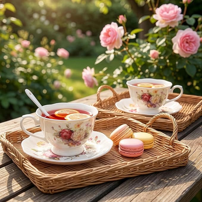 Foraineam Floral Tea Cup with Saucers and Spoons Set of 6 - Coffee Cups and Saucers with Gold Trim - 6 oz Porcelain Ivory Latte Cup and Espresso Mug for Coffee Drinks and Tea