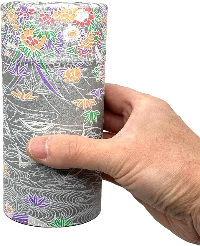 Japanese Tea Canister Tin Waterside Flowers Silver Color/Double Lid/Japanese Washi Paper Pasted /200g Tea Capacity/Loose Leaf Tea Storage/Storage Container with Lid