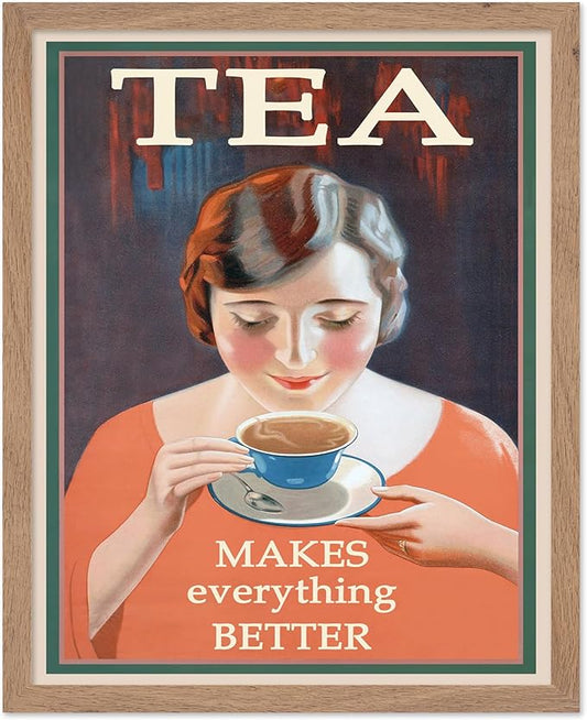 Poster Master Vintage Tea Makes Everything Better Print - Retro Food & Drink Poster - Positive Quotes Art - Gift for Women, Tea Lover - Decor for Kitchen, Teahouse - 16x20 Beige Framed