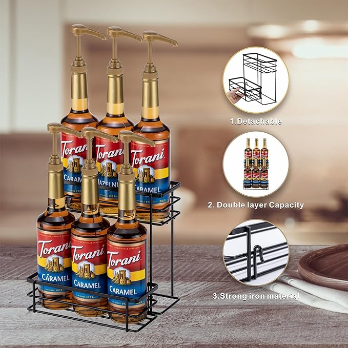 Coffee Syrup Organizer Rack, (6 Bottle Capacity),2 Tier Coffee Syrup holder for Coffee Bar Accessories,Kitchen,Storage for Syrup, Wine, Dressing（Black）