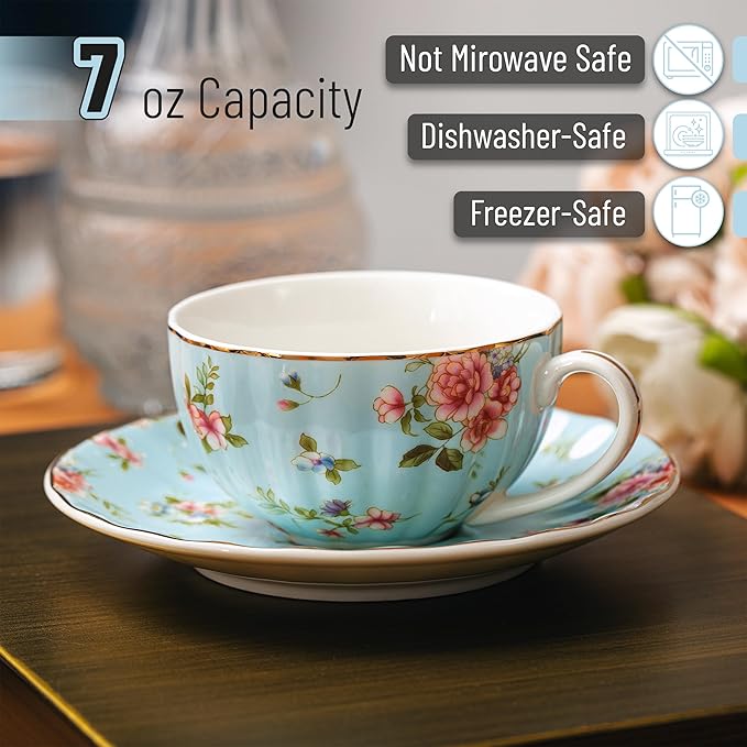 BTaT- Floral Tea Cups and Saucers Set of 6 (7 oz), Porcelain Tea Cups Set of 6, Pastel Bloom Design with Gold Trim, Dishwasher & Freezer Safe