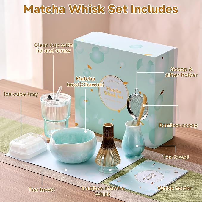 Matcha Whisk Set – Crystalline Glaze Bowl, Bamboo Whisk & Holder, Scoop & Sifter with Holder, Cup with Lid & Straw, Ice Cube Tray & Tea Towel – Blue Matcha Gift Set for Women, Women Gifts